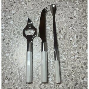Mikasa Bar Tools 3 Stainless White Handles Bottle Opener Stirrer Cheese Knife